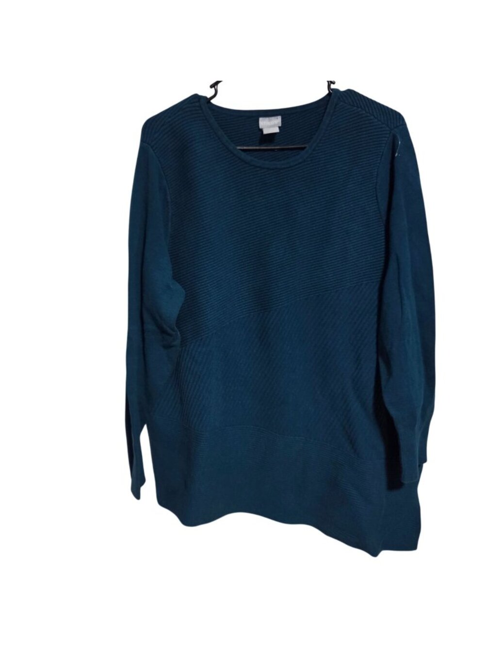 Chicos Sweater Womens Size XL Teal Ribbed Tunic Relaxed Fit Long Sleeve Pullover